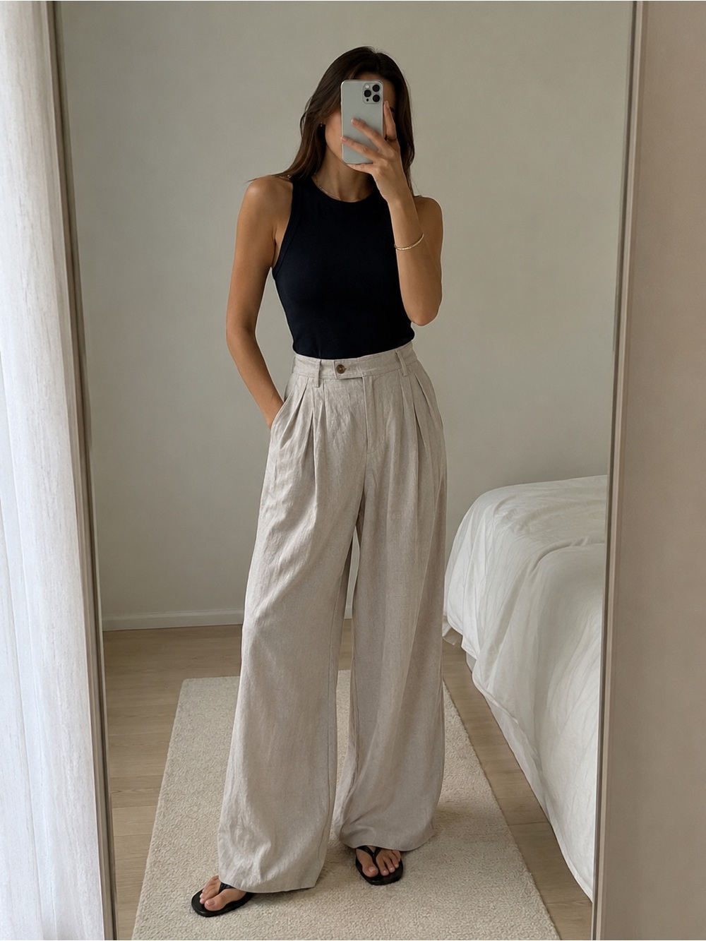 Wide Leg High-Waist Pleated Linen Blend Pants in Light Beige